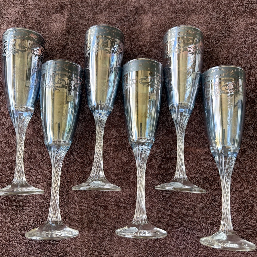 Vintage Set Italian Blown Crystal Pure Platinum Hand Decorated Champagne Flutes